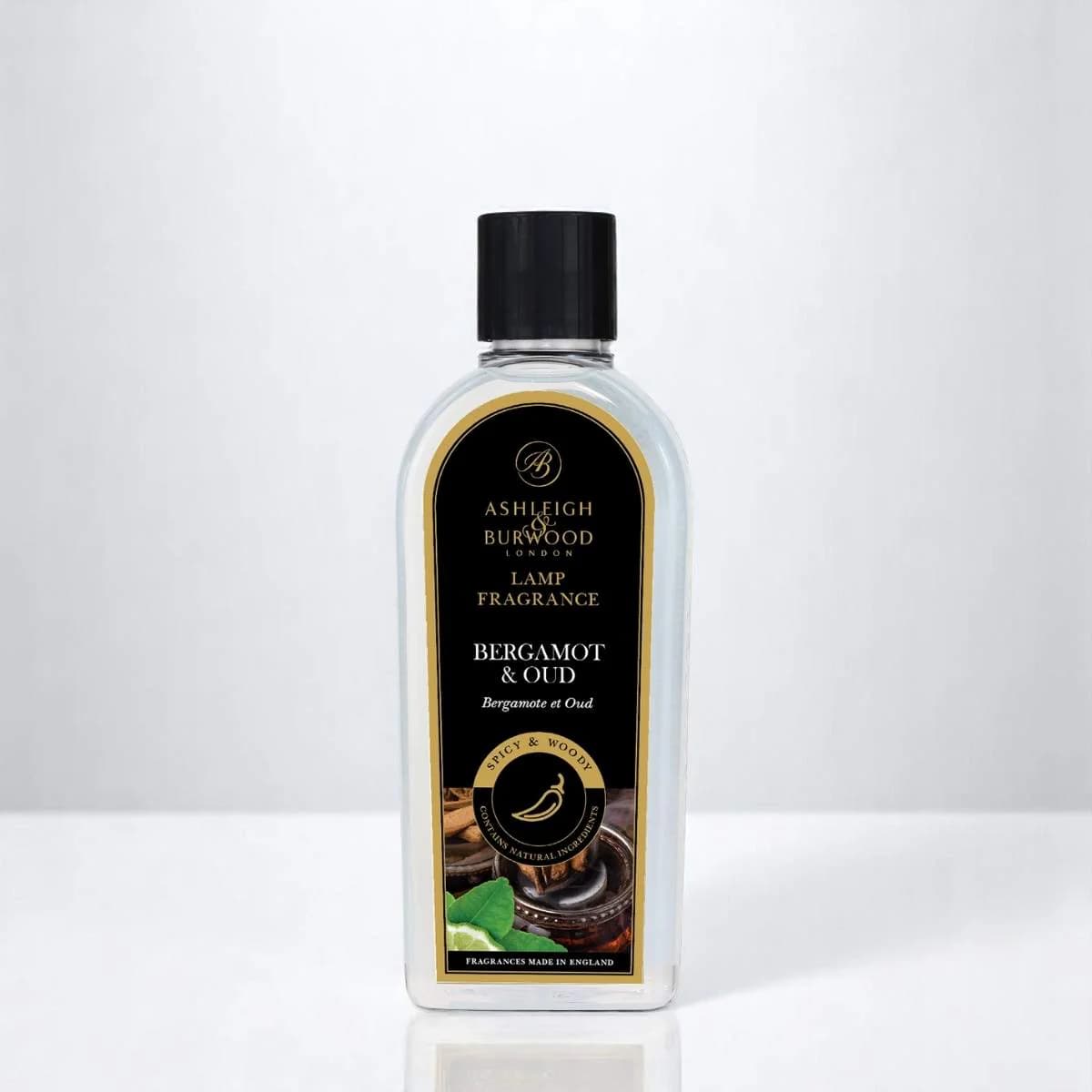A bottle of Ashleigh & Burwood Bergamot & Oud Lamp Fragrance on a white background