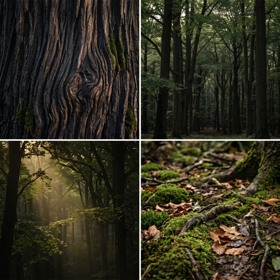 A four-panel collage of forest scenes: a close-up of textured tree bark, a dense woodland path with tall trees, sunbeams through misty woods, and mossy ground with fallen leaves.