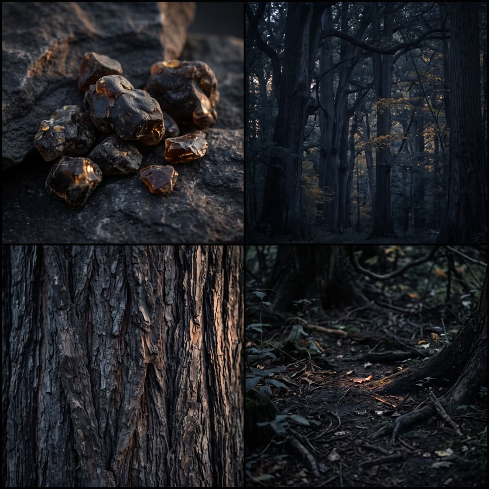 Black Amber & Twilight Shadow fragrance mood board with dark amber resin, shadowed woodland, rugged tree bark and a dim forest floor.