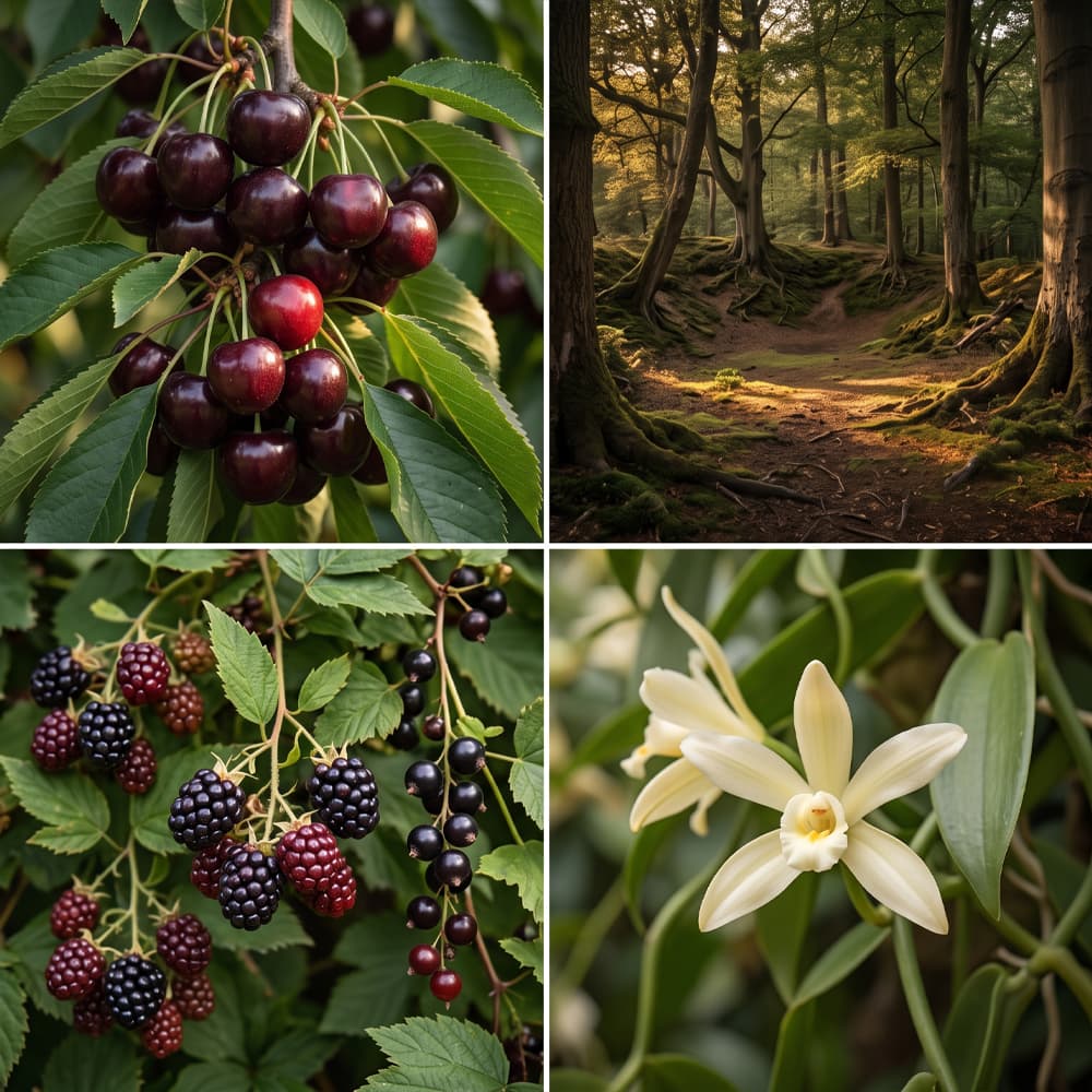 Black Cherry & Ancient Hollow fragrance moodboard with ripe black cherries, ancient woodland, dark bramble berries and creamy vanilla orchid.