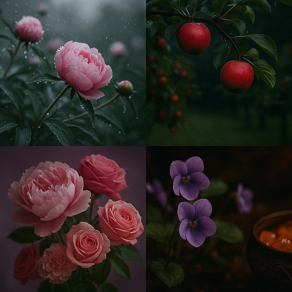 A romantic floral collage featuring dewy peonies, red apples on branches, soft rose and peony blooms, and violet flowers, capturing the essence of Blushed Petals.