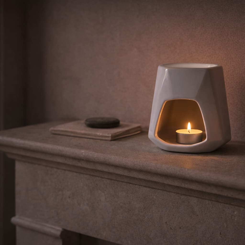 The Cairn Ceramic wax warmer with a lit candle on a limestone fireplace during the evening