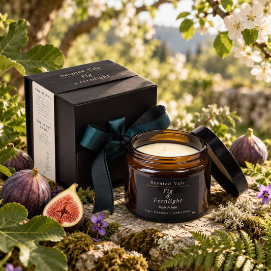 A scented candle in an amber glass jar with its black lid off, styled next to its black gift box with a dark teal ribbon. The scene is set outdoors among green ferns, white blossoms, figs, and purple flowers, creating a natural, rustic atmosphere.