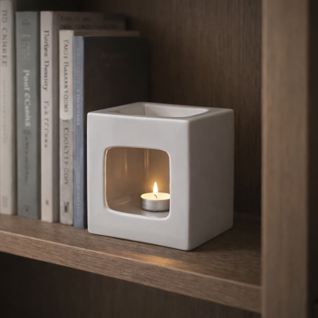 The Frame Ceramic Wax Warmer in White, shown on a bookshelf during the day