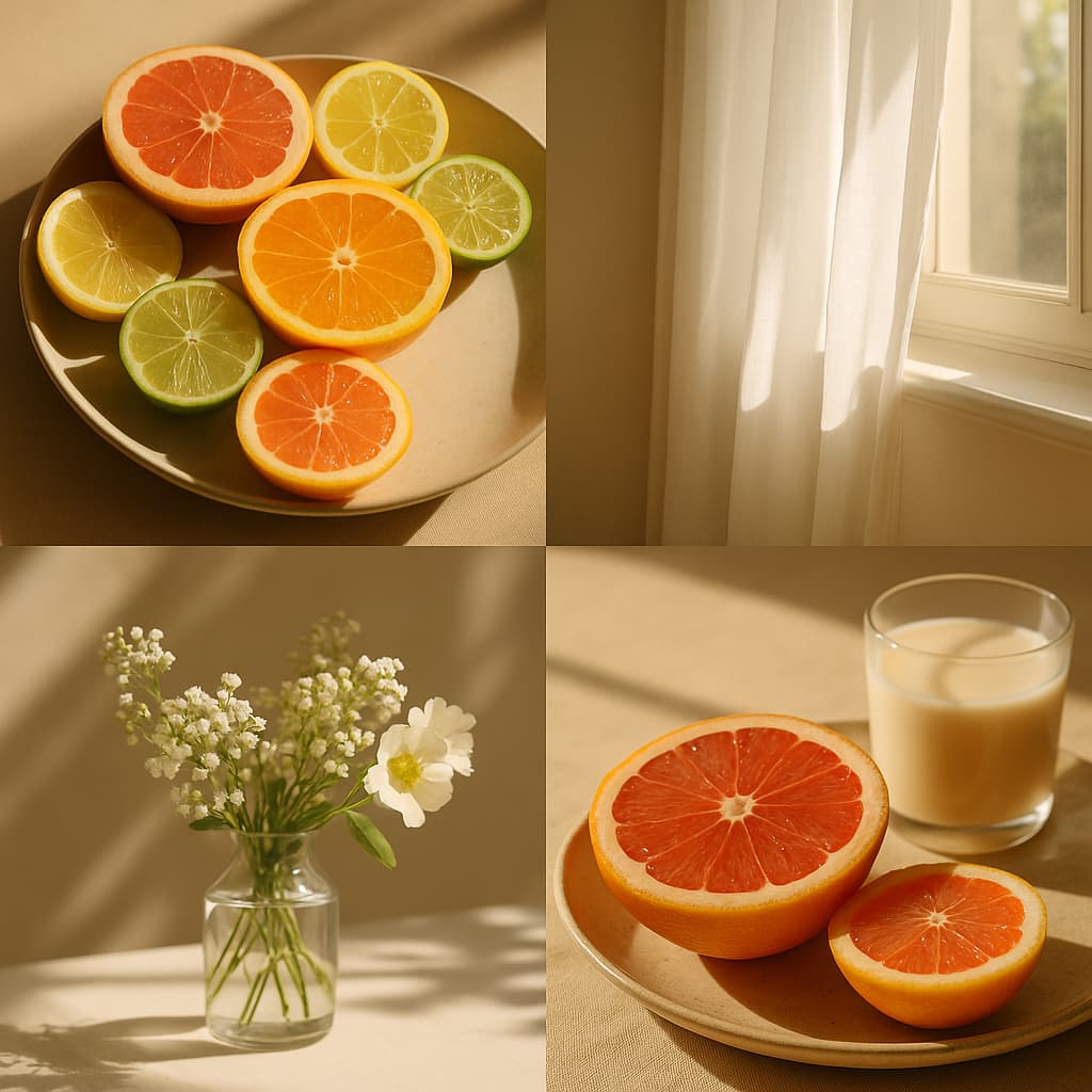 A collage of four bright, citrus-inspired photographs arranged in a 2x2 grid, showcasing sliced grapefruit, lime, morning sunshine, and soft floral accents to reflect the uplifting and luxurious scent of Grapefruit Luxe