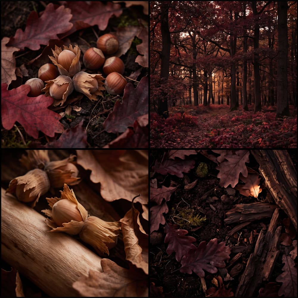 A four-panel autumn collage featuring red and brown leaves, acorns, wood textures, and a forest path in deep fall tones.