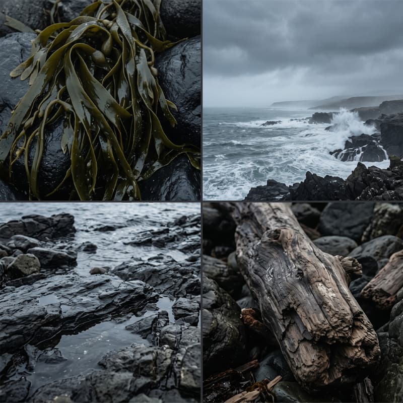 Kelp & Sea Storm fragrance mood board with wet seaweed, stormy coastal cliffs, dark tidal rocks and weathered driftwood