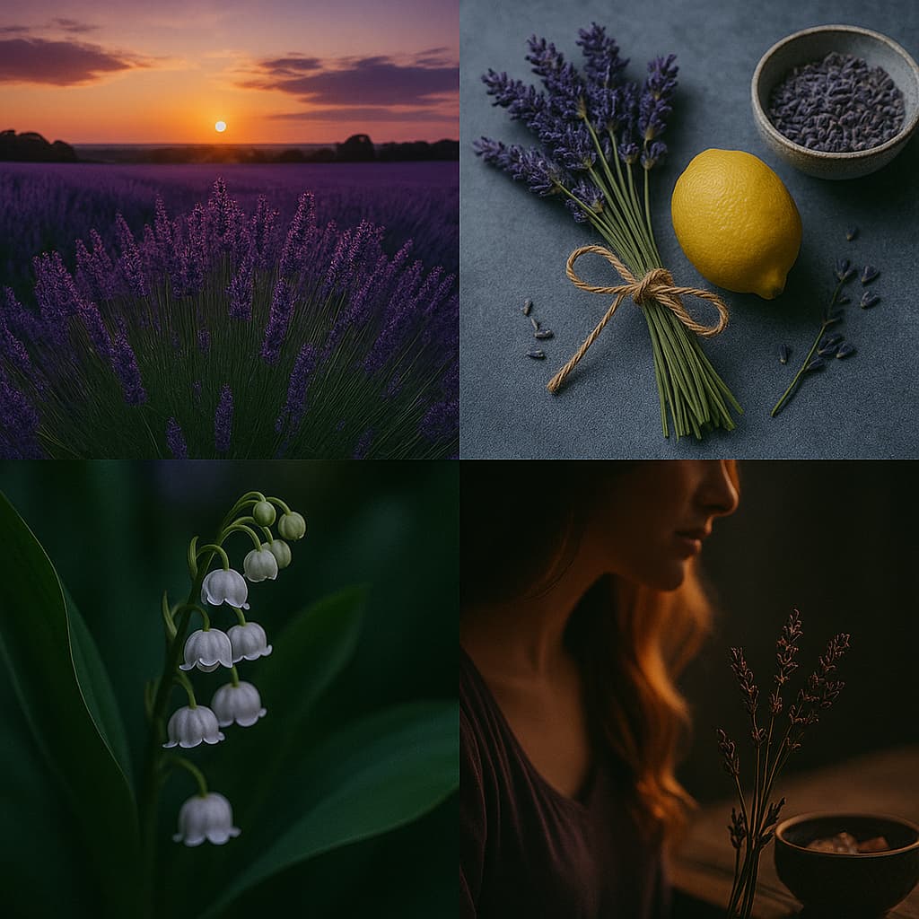 A calming collage featuring a lavender field at sunset, a bundle of lavender with lemon, lily of the valley flowers, and a woman holding sprigs of lavender, capturing the, grounded essence of Lavender Eclipse.