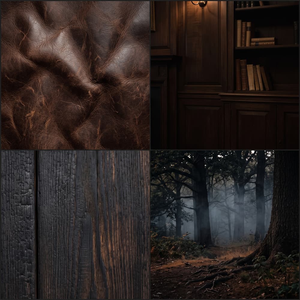 A four-panel collage showcasing dark brown and black textured materials and scenes: a close-up of brown leather, a dark wood bookshelf with books, dark wood planks, and a misty forest path.