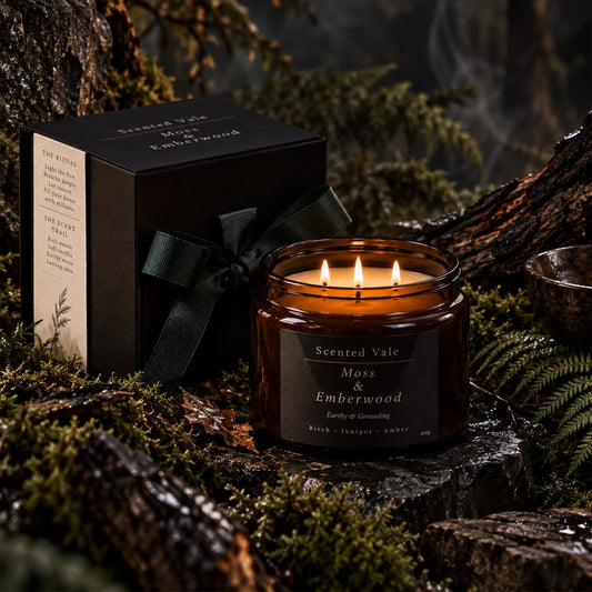 A lit amber glass jar candle with three flames sits outdoors on mossy logs beside its black gift box tied with a dark green ribbon. The label reads Scented Vale Moss & Emberwood.