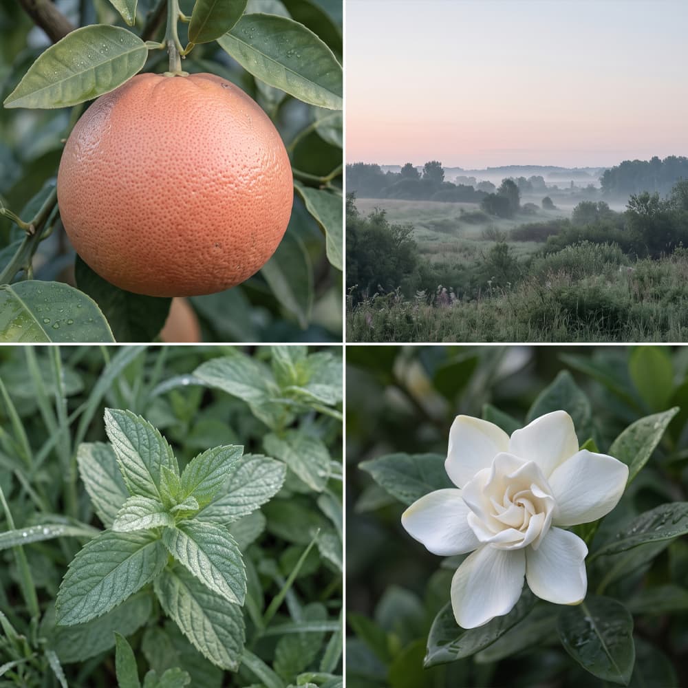 Pink Grapefruit & First Light fragrance mood board with ripe pink grapefruit, misty dawn landscape, fresh spearmint leaves and white gardenia flowers.