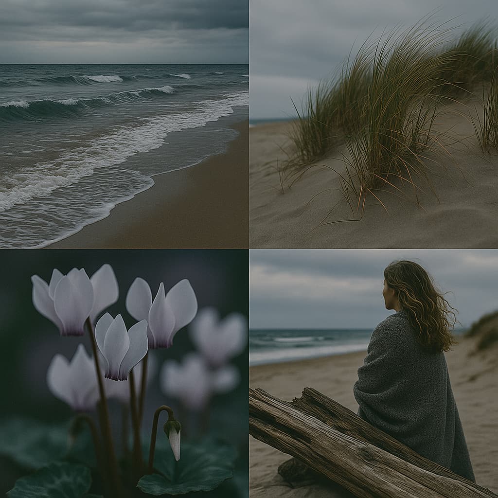 A serene coastal collage featuring windswept waves on a quiet beach, dune grasses swaying under grey skies, delicate cyclamen flowers, and a woman wrapped in a blanket gazing out to sea, capturing the cool, grounding calm of Rock Salt & Driftwood.