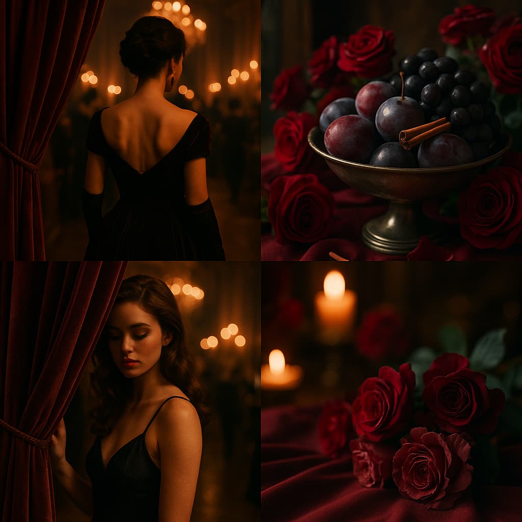 A rich, romantic collage featuring a candlelit ballroom, a woman framed by velvet curtains, a silver bowl of dark fruits and cinnamon, and deep red roses resting on satin, capturing the opulent allure of Velvet Seduction.