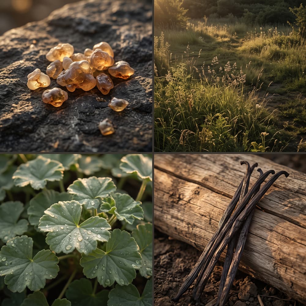 White Musk & Golden Light fragrance mood board with glowing amber resin, sunlit meadow grasses, dew-covered geranium leaves and dark vanilla pods.