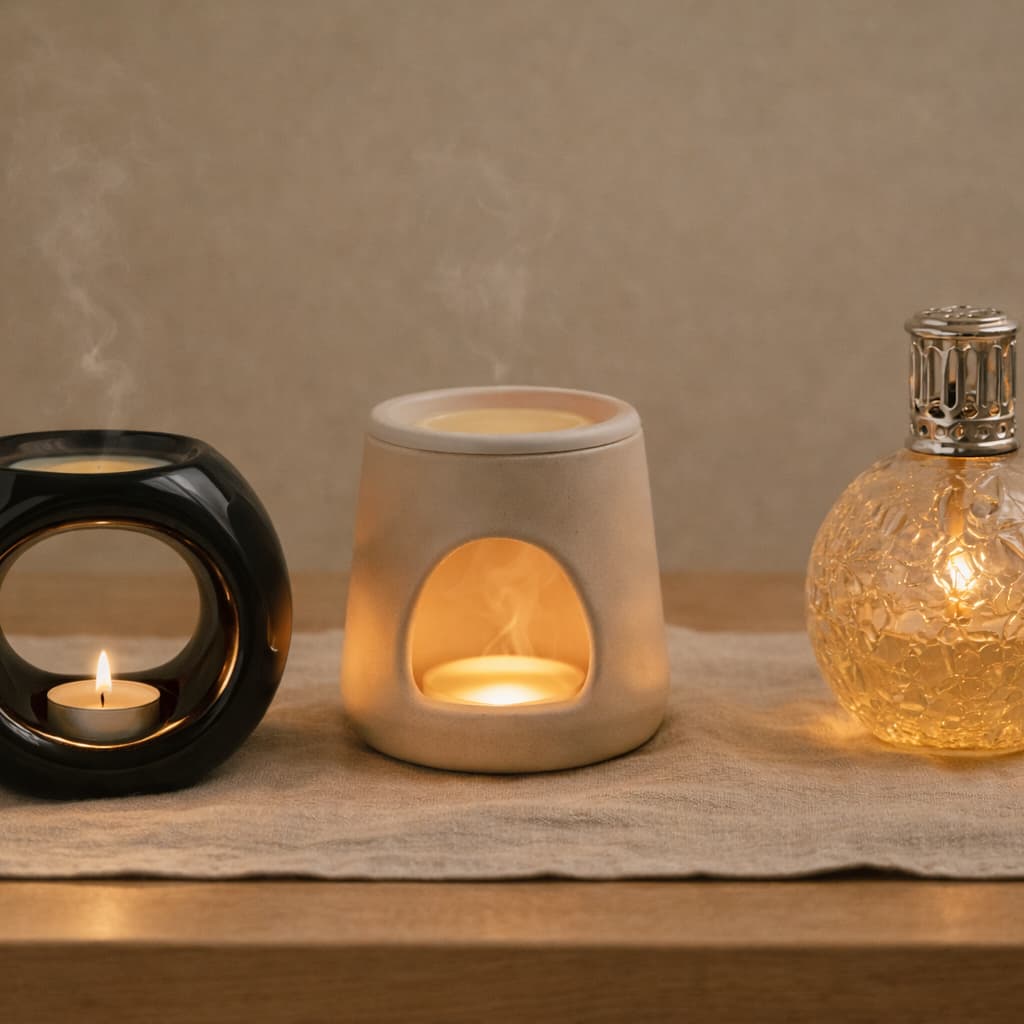 A tealight wax warmer, electric wax warmer and fragrance lamp on a line cloth on a wooden table