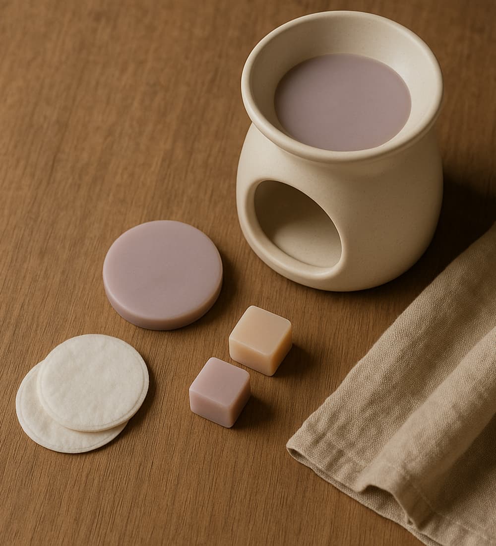 Wax melt burner with cooled wax disc and cotton pads, showing how to clean a wax melt burner safely.