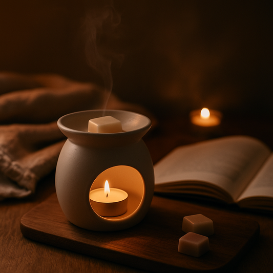 A softly glowing wax burner surrounded by candlelight and linen, creating a calm, fragrant evening atmosphere.