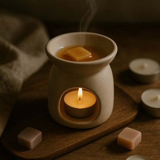 Ceramic wax melt burner with soft light and melted wax on a wooden surface, symbolising fragrance and calm atmosphere.