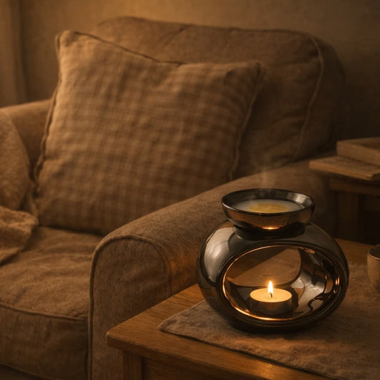 A wax warmer on a table next to a chair, giving the feeling of evoked memories
