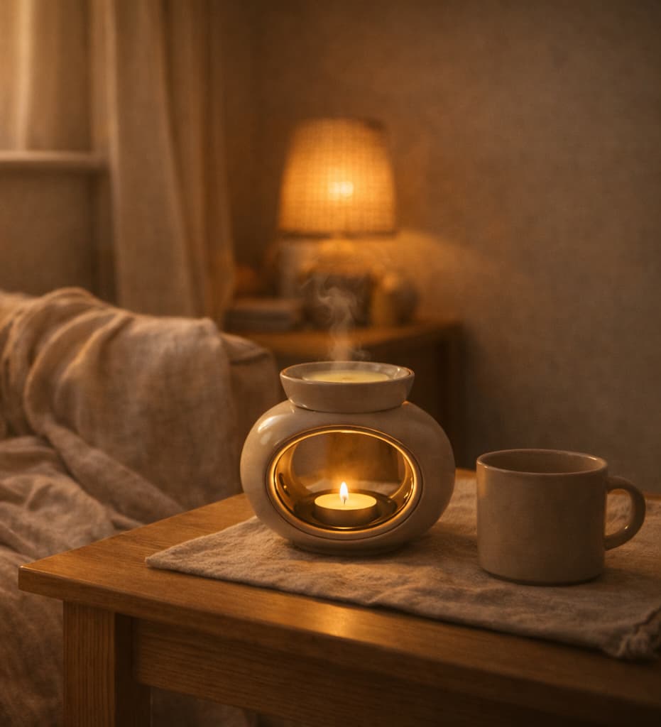 A gentle wax warmer in a cosy reading nook showing slow living