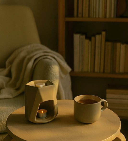 Soft Sunday morning scene with a glowing wax burner, a blanket, and warm natural light suggesting calm and slow living.