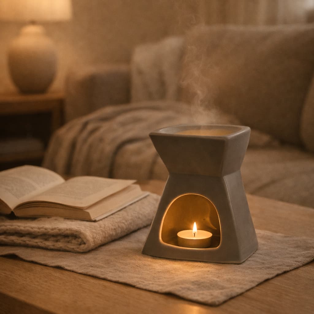 A calm, softly lit home scene with a wax burner and warm textures, evoking comfort and familiarity.