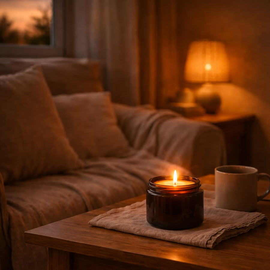 Lit candle glowing warmly in a living room at dusk, creating a calm evening atmosphere.