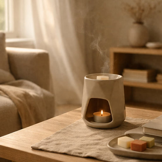 Wax melt burner in a calm interior space, illustrating how fragrance moves and fills a room.