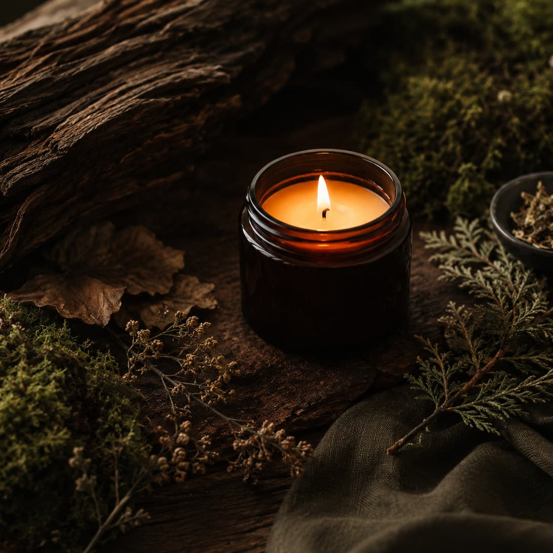 Lit scented candle surrounded by moss, cedarwood, bark and dried herbs in a woodland-inspired setting.