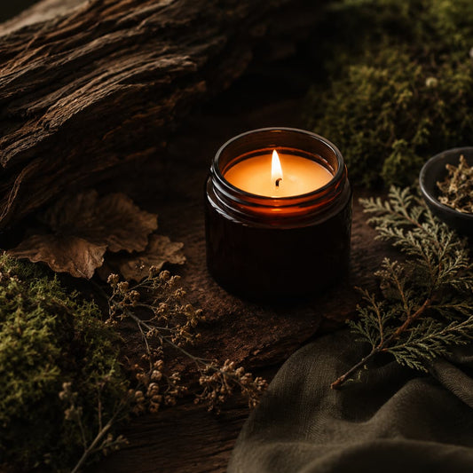 Lit scented candle surrounded by moss, cedarwood, bark and dried herbs in a woodland-inspired setting.