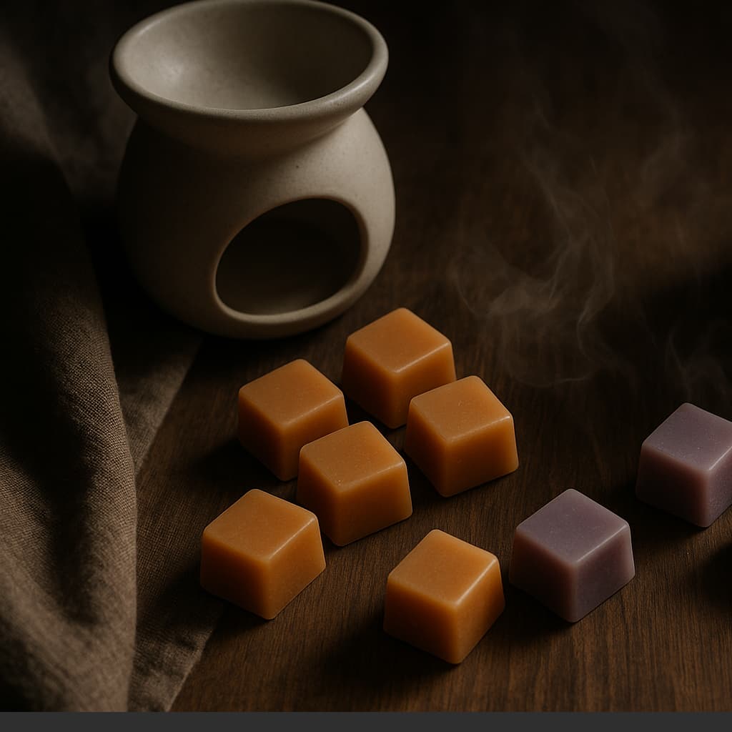 Flat lay of wax melts in warm and cool tones on a textured background, evoking calm and luxurious scent moments.
