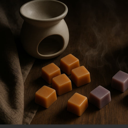 Flat lay of wax melts in warm and cool tones on a textured background, evoking calm and luxurious scent moments.