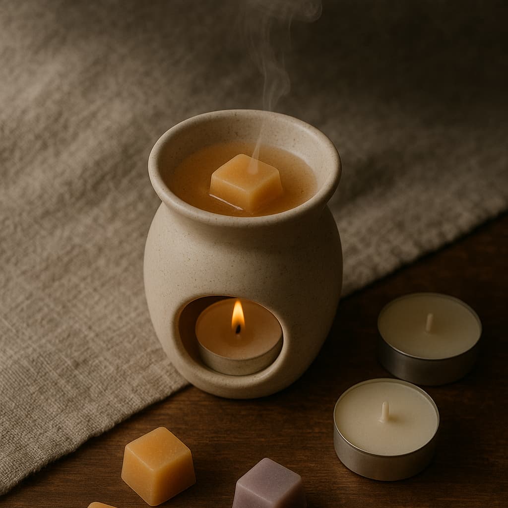 Flat-lay of a ceramic wax burner with melting amber wax, lilac cubes, and tealights on a wooden surface, softly lit to evoke calm and lasting fragrance.