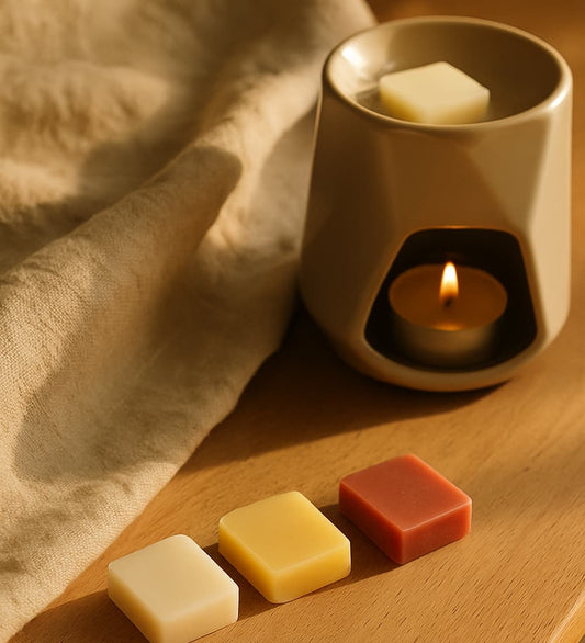 Still-life with wax cubes representing light and strong scents, with a glowing wax burner in soft natural light.