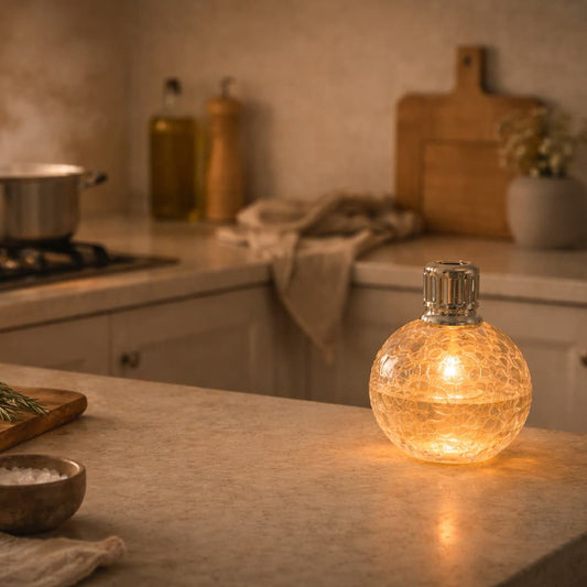 Fragrance lamp in a kitchen setting illustrating odour neutralising home fragrance.