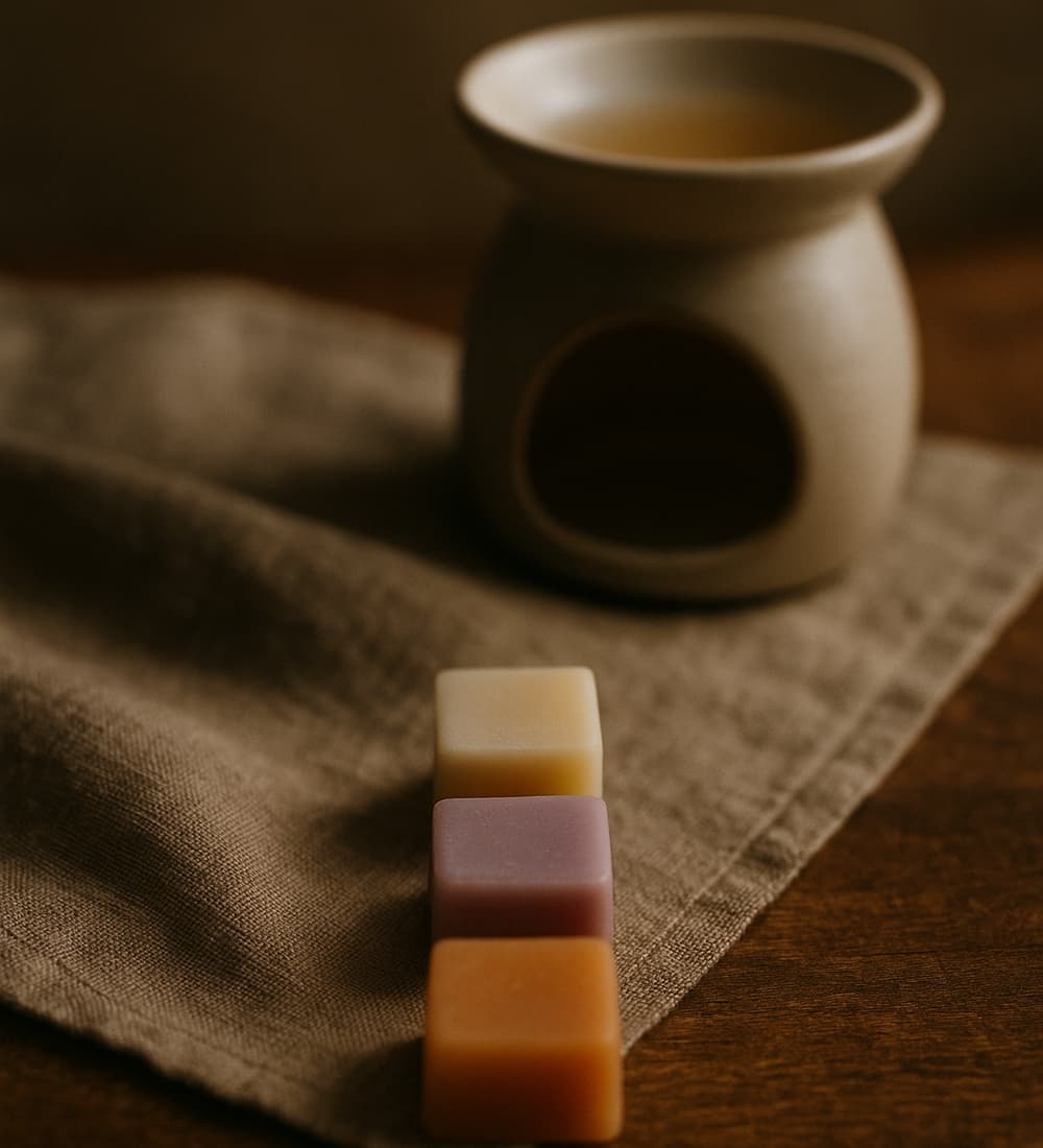Still-life of wax cubes arranged to represent top, heart, and base notes, with soft light and natural textures.