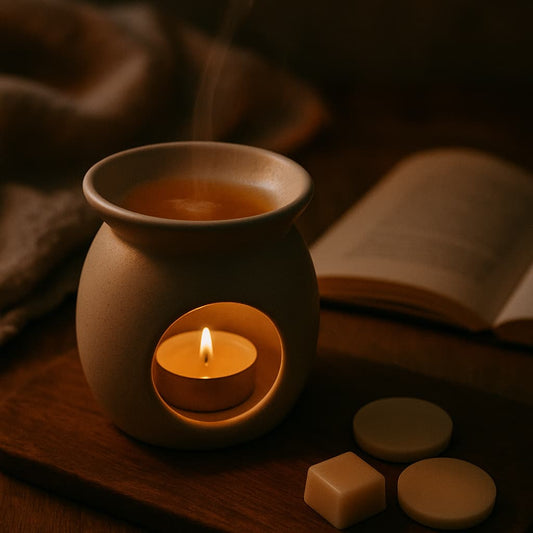 Wax melt burner with melted wax and a fresh cube beside it, symbolising scent fading and renewal.