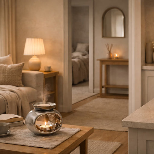 A wax warmer in a warm and cosy living room 