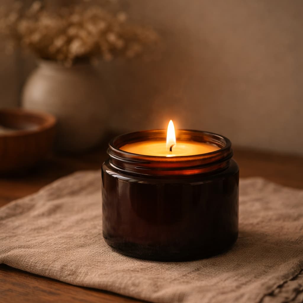 Lit candle with full melt pool illustrating wax performance and burn quality.