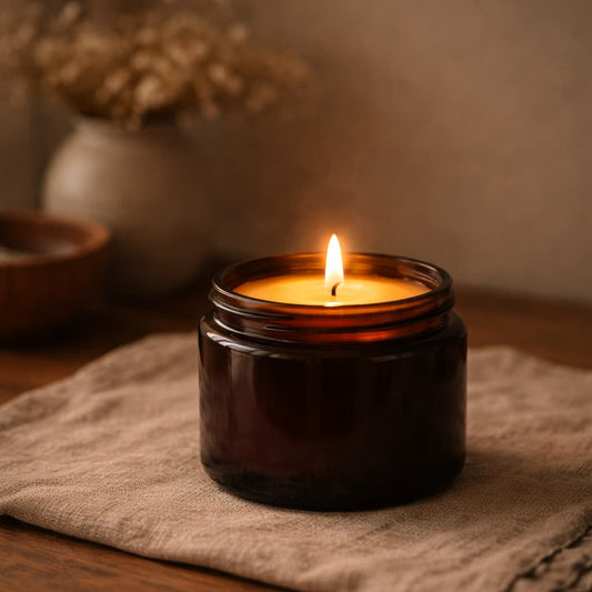 Lit candle with full melt pool illustrating wax performance and burn quality.