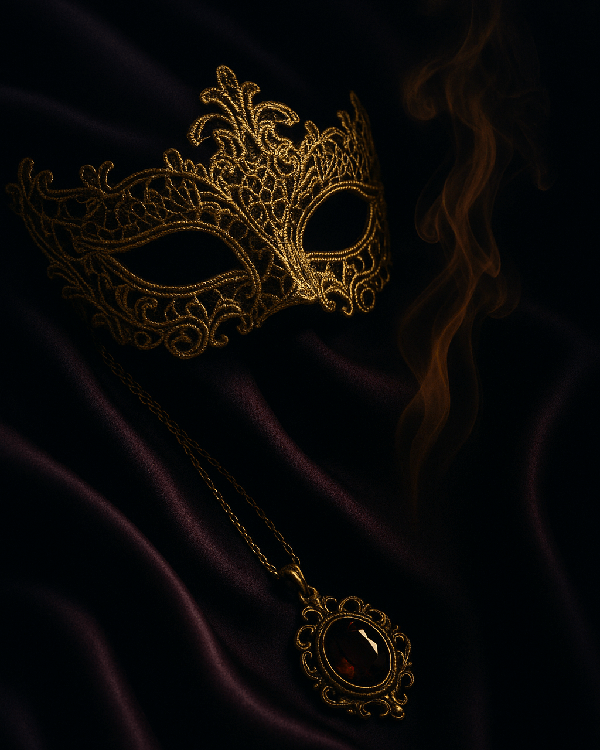 Velvet shadows, a lace mask, and curling smoke, the air thick with intrigue, allure, and untold secrets.