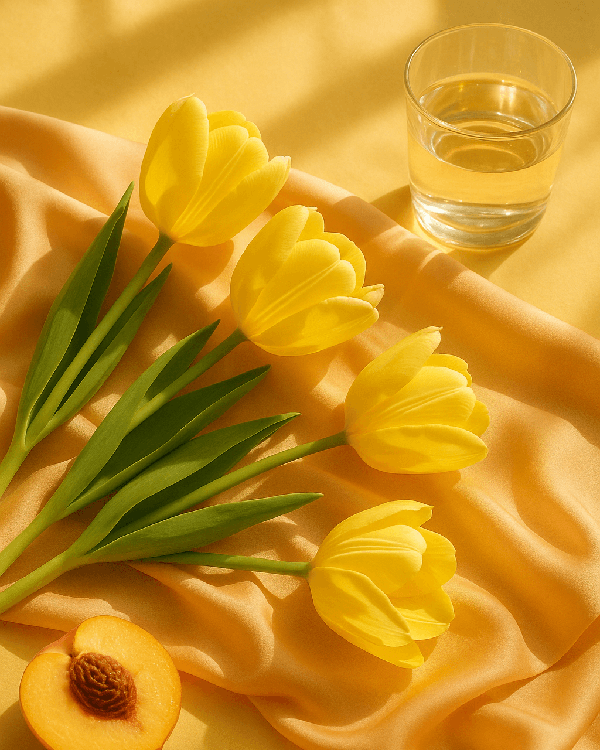 Golden tulips and juicy peach in soft sunlight, a radiant mix of sweetness, laughter, and uplifting energy.