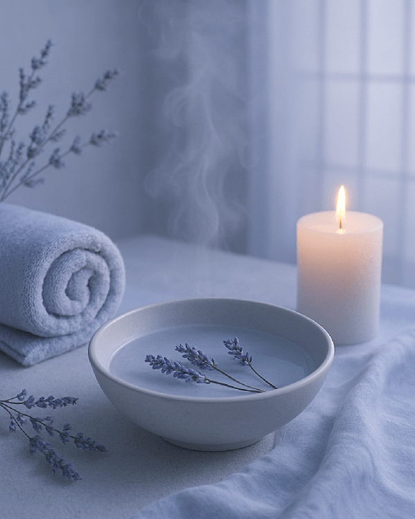 Calm and relaxed scent with with lavender in a bowl of warm water, soft towles and a lit candle on soft blues