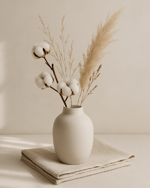 Soft cotton, dried grass, and still air, the quiet beauty of simplicity, light, and gentle calm.