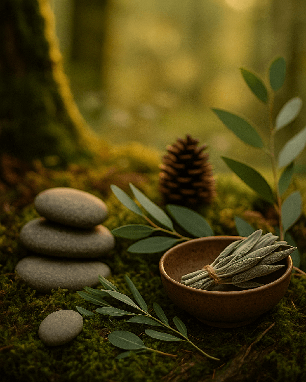 Earthy and Grounding Scent Scene on a forest flor with fresh herbs in a bowl with stones