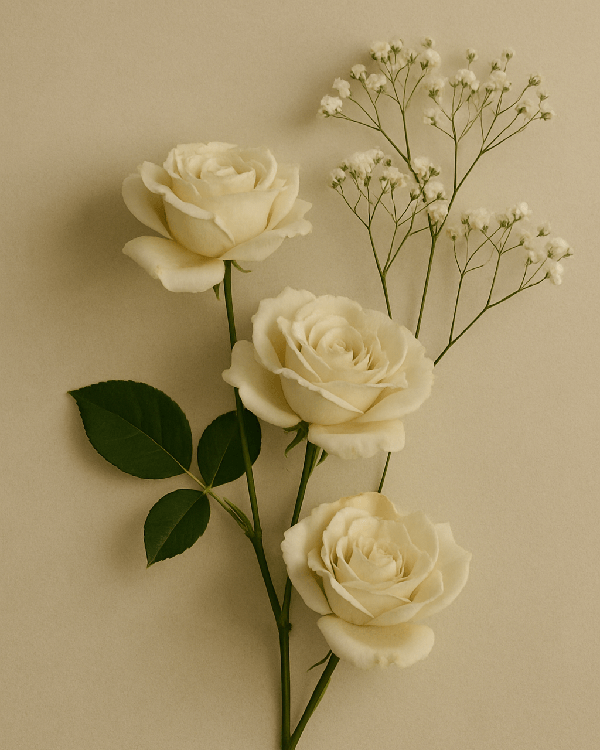 Floral Scent scene with three white roses and flowers ona  biege background