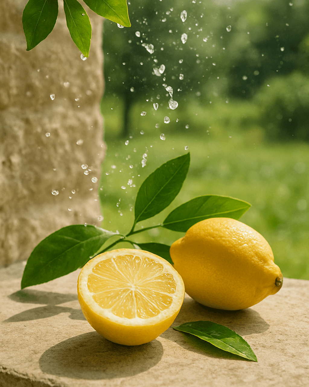 Fresh and energising scent scene with lemons, sunshine, and splattered water