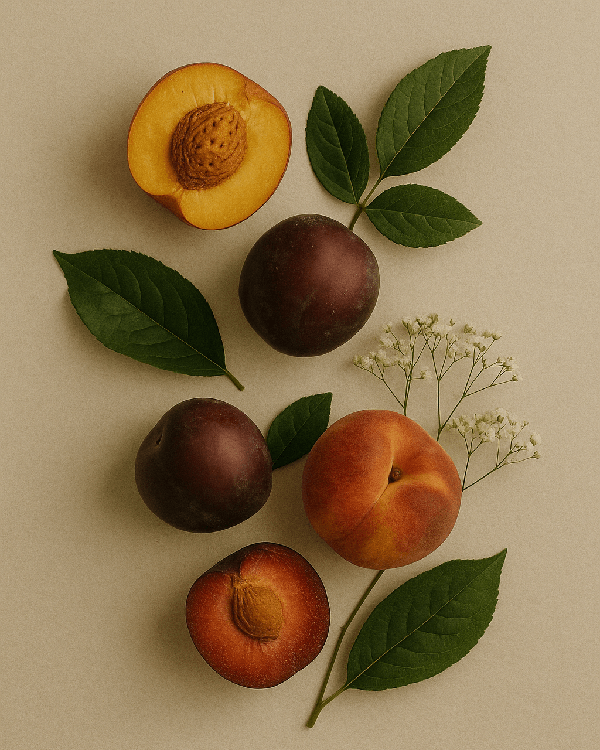 Fruity Scent scene with juicy peaches and plums with green leaves on a beige bacground