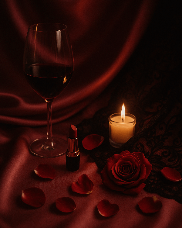 Romantic and Sensual scent scene with deep wine reds, lipstick, lit candle and roses