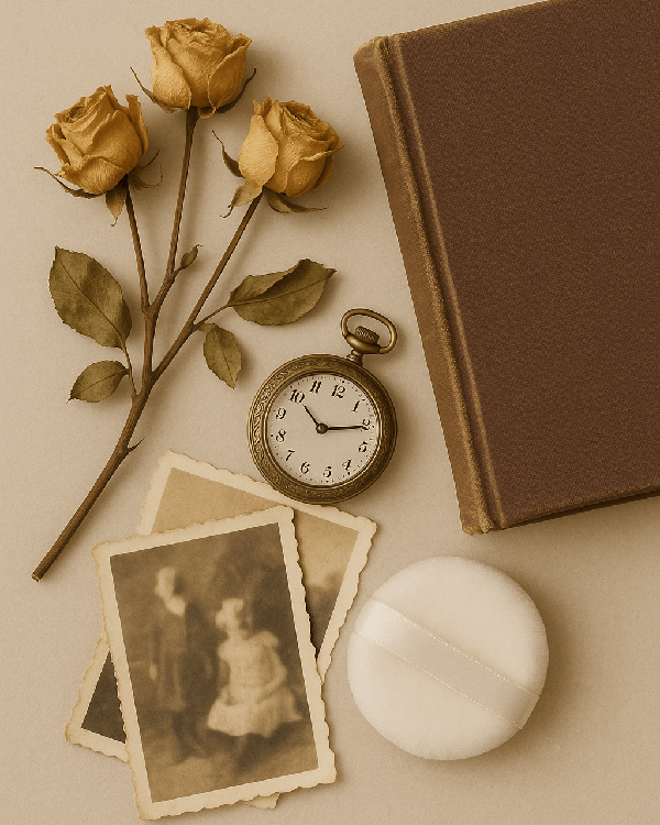 Dried roses, sepia photos, and a pocket watch, a fragrance memory of cherished times and old-world charm.